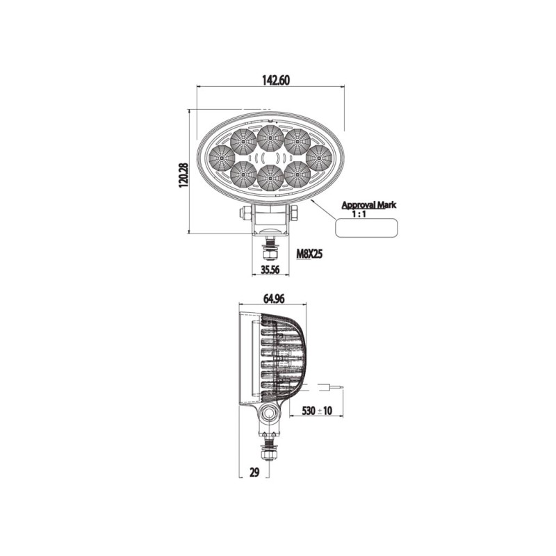 Projecteur de travail oval à Led 1400 lumens 12/24V FIL 4.50m